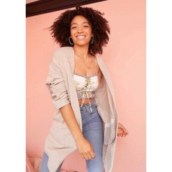 Donni Anthropologie Plus One Size Gray Striped Open Mid Length Duster Cardigan - Picture 1 of 10